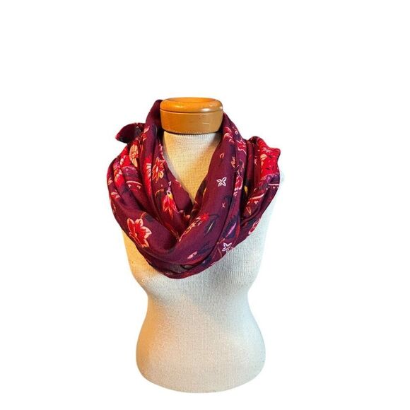 Old Navy Womens Floral Print Scarf Wrap One Size Polyester Burgundy Red - Picture 2 of 8